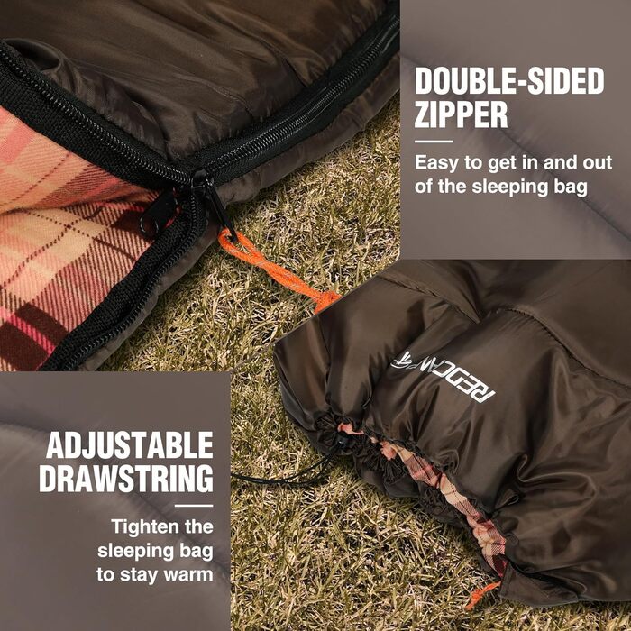 REDCAMP XL Cotton Sleeping Bag - Warm, Removable Hood, Flannel Comfort - 3-4 Season, Adult & Kids, Camping, Fishing, Outdoor - Blue/Brown (2lbs Fill)