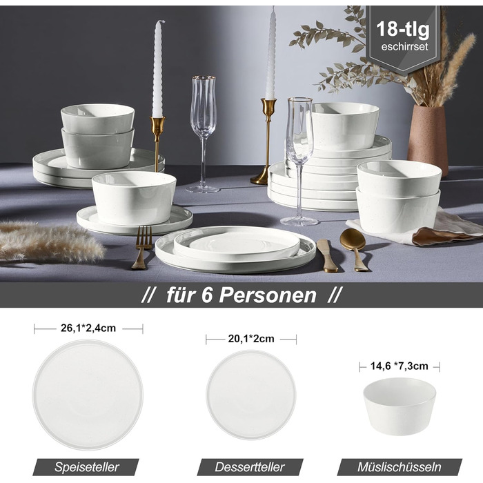 Набір посуду Homikit на 6 осіб: тарілки, миски, десертні тарілки, тарілки для їжі, з реактивною глазур’ю, кераміка, безпечний у мікрохвильовці та посудомийній машині, білий, 18 шт.