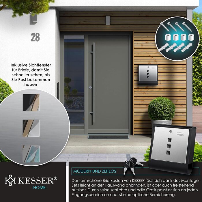 Поштова скринька KESSER® з газетницею та іменним шильдиком, нержавіюча сталь, матова, з оглядовим вікном, 3 ключі, порошкове покриття, настінний монтаж, велика, з матеріалом для монтажу (Чорний / Срібний)
