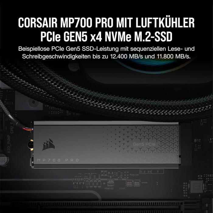 SSD Corsair MP700 PRO 2TB M.2 PCIe Gen5 x4 NVMe 2.0 - Швидкість до 11700 MB/s, TLC NAND, з кулером, чорний