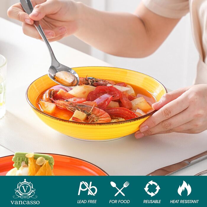 Dinnerware Set for 6, vancasso Bonita 18-Piece Tableware Set made of stoneware, bowl and plate set, round tableware combination set with 6 dinner plates, salad plates, and bowls each