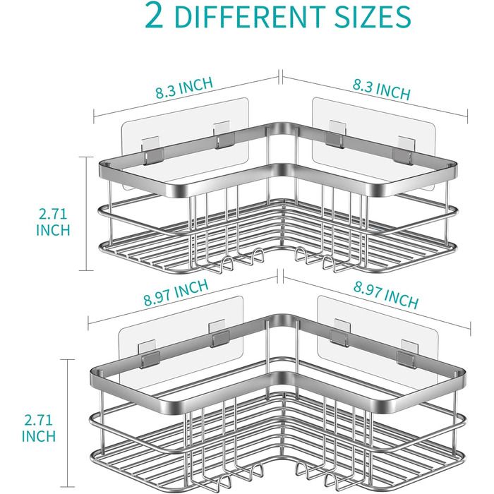 Дзеркальна поличка для душу Yazoni без свердління (2 шт.) - кутова поличка з гачками, нержавіюча сталь, срібна