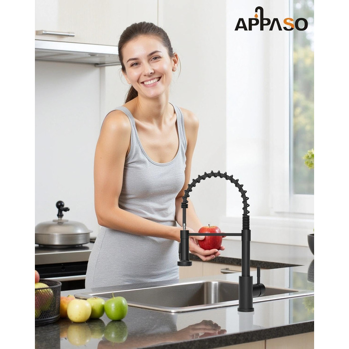 Кран кухонний APPASO 3-в-1 чорного кольору з трьома виходами, для фільтрації води, поворотний на 360°, з двома ручками, з нержавіючої сталі, низький тиск