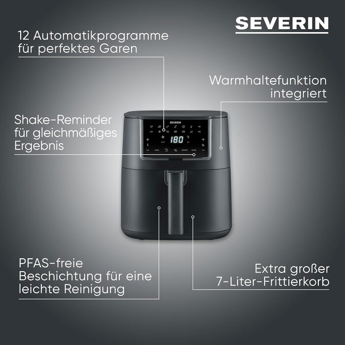 Фритюрниця Severin Max Zone Flex 9L з 2 зонами, для приготування без олії, з функцією сушки, 2600W, чорний матовий