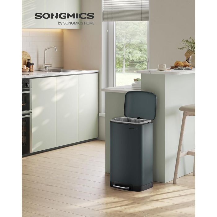 Відро для сміття SONGMICS кухонне 30 л сталеве з педаллю, кришкою та внутрішнім відром, антрацит (LTB001A01)