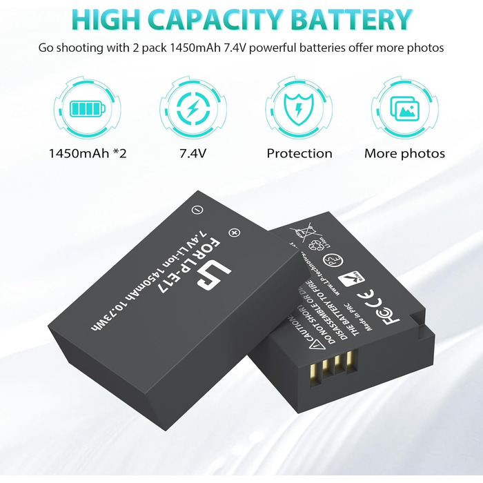 Акумулятор Canon LP-E17 + Двоканальний зарядний пристрій 2x1450mAh для EOS R8 R10 R50 RP Rebel T6i T7i T8i SL2 SL3 77D 200D 750D 760D 800D M3 M5 M6 Mark II