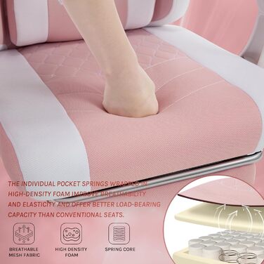 WOLTU Gaming Chair with Massage Function, Computer Chair with Pocket Spring Cushion, Ergonomic Gamer Recliner, Swivel Chair with Headrest, Lumbar Pillow, Footrest, Mesh Fabric, Pink+White, GS15rsw Pink+White Mesh Fabric