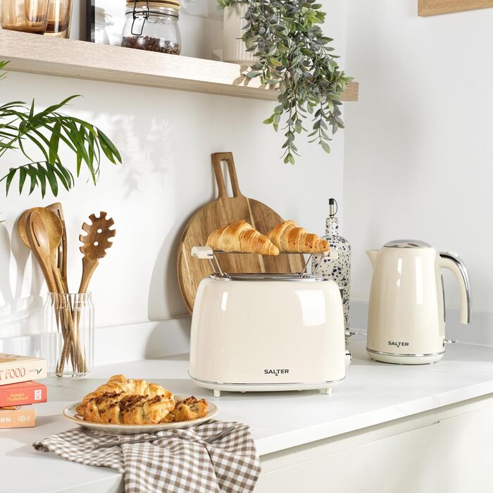 Електричний чайник Salter Retro Cream 1.7L з ретро-дизайном, 2.2 кВт, 360° обертання, фільтр від накипу, бездротовий, індикатор рівня води, захист від сухого кипіння, автоматичне вимкнення, кремовий колір