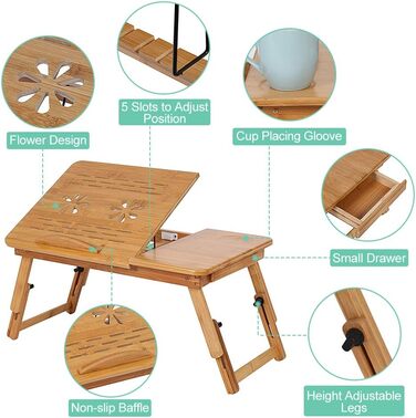 Бамбуковий стіл для ноутбука, підставка для ноутбука, регульований і складаний столик для сніданку з ящиком для школи, спальні або офісу (2)