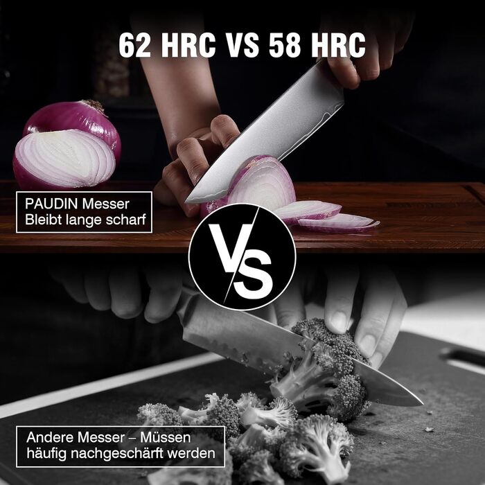 Набір кухонних ножів PAUDIN: кухонний ніж, сантоку, універсальний, овочевий - професійні, гострі, з нержавіючої сталі 10Cr15CoMoV (62 HRC), з ергономічною дерев'яною ручкою (2 ножі)