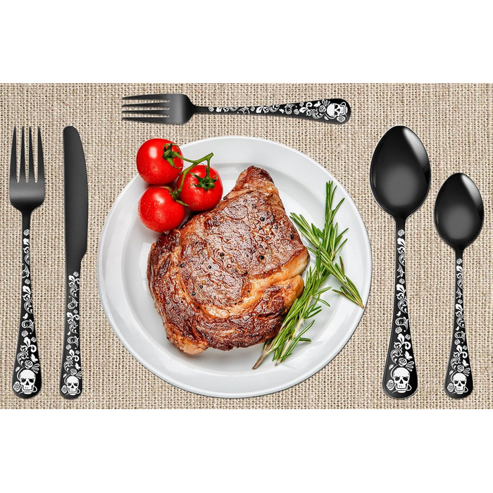 Набір столових приборів Xiaoyu Готичний (20 шт) для 4 осіб: Черепи, квіти, чорний колір - ідеально для Хелловіну