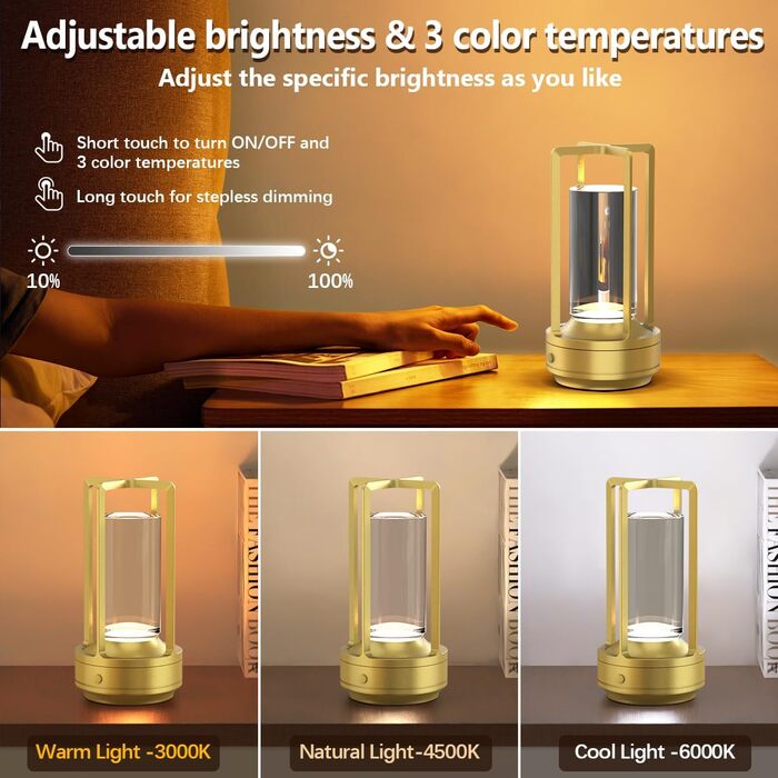 LED-лампа настільна бездротова Hapfish, 3000mAh, USB, кришталь, водонепроникна, з ручкою, диммування, для ресторану, вулиці, спальні, вітальні (Золота)