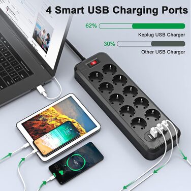 10-ти портова мережева розетка з вимикачами, KEPLUG, 4 USB, захист від перенапруги, для стіни, 2 м, чорна
