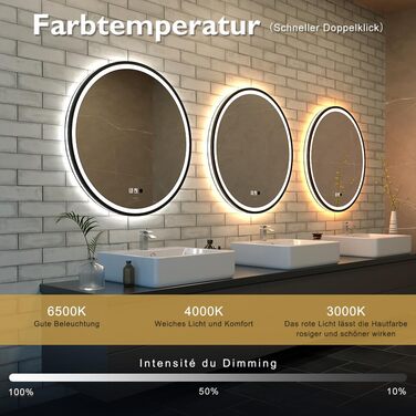 LED дзеркало з сенсором, круглий, індукційне, для макіяжу, з підсвічуванням, регульоване, антизапарник, водонепроникне IP44, для ванної кімнати, настінне, діаметр 70 см