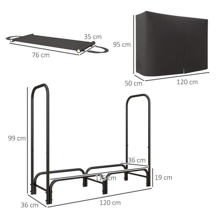 Стійка для дров Outsunny 120x36x99 см - зручне дров'яне сховище з міцною сумкою з тканини 600D Oxford та водонепроникним покриттям для саду чи тераси. Металева конструкція, колір - чорний.