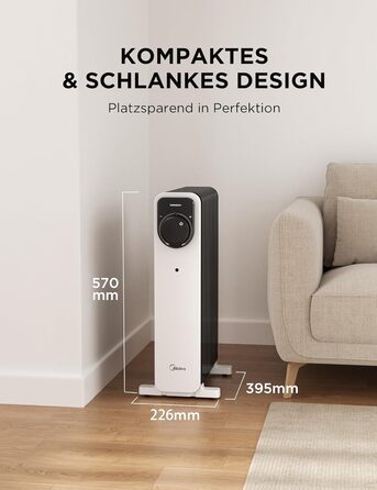 Електричний масляний радіатор Midea 2000W з 11 ребрами, 3 режими нагріву, термостат, захист від перекидання та перегріву, тихий, для дому та офісу