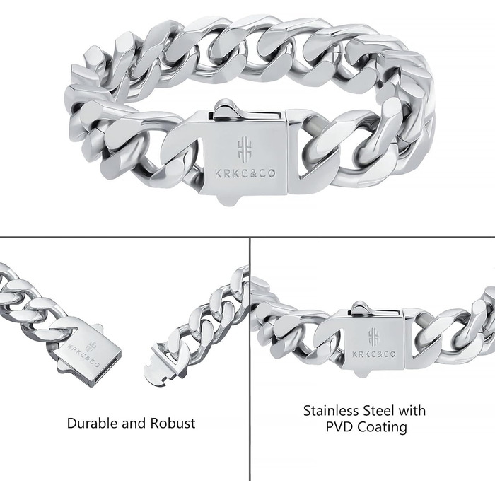 Чоловічий браслет KRKC&CO, кубинський ланцюг, 18 мм, Miami Iced Out, кубинське панцерне з'єднання, 18-каратне золото, міцний, Urban Streetwear, браслет у стилі хіп-хоп для чоловіків (срібний, 14 мм, 22.9 см)