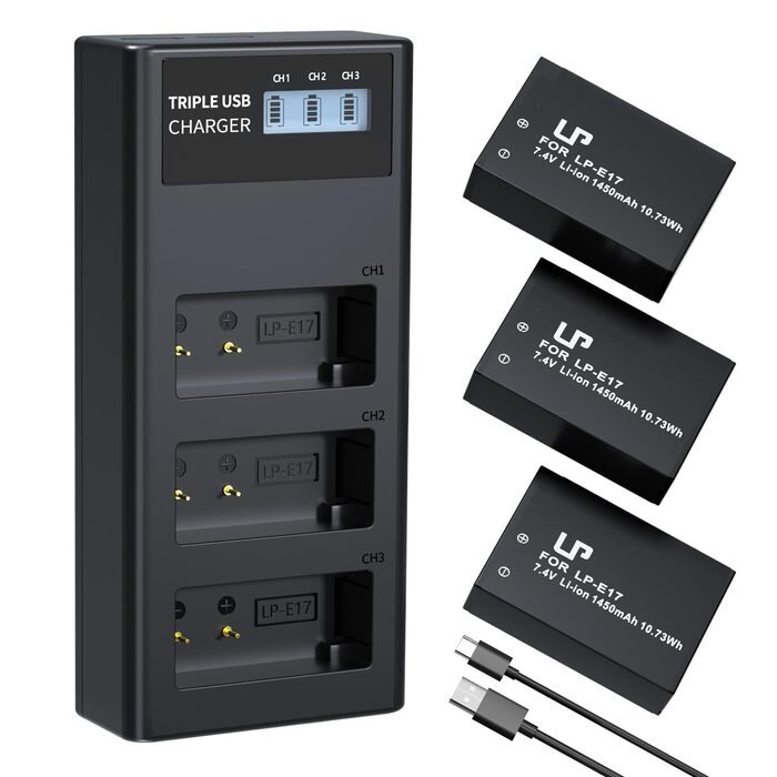 Акумулятор Canon LP-E17 + Двоканальний зарядний пристрій, 2x1450mAh для Canon EOS R8 R10 R50 RP Rebel T6i T7i T8i T6s SL2 SL3 77D 200D 750D 760D 800D M3 M5 M6 Mark II