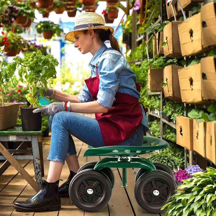 COSTWAY Rolling Seat with Wheels, 360° Swivel | Height Adjustable, Mobile Garden Seat Outdoor Garden Stool, up to 150 kg | Wide Tires, Garden Rolling Seat Metal, for Gardening & Car Care, Green