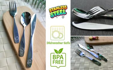 Набір дитячого столового приладдя EXZACT Kinderbesteck Set (18 предметів) з нержавіючої сталі для дітей від 2 років. Можлива гравіювання, безпечні ножі, підходить для миття в посудомийній машині.