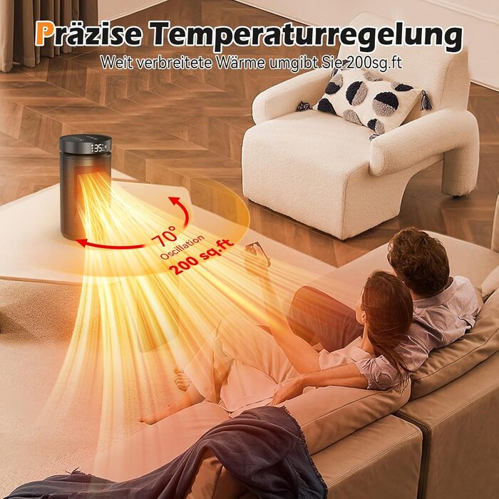 Електричний обігрівач PTC керамічний 2200W з пультом дистанційного керування, 4 режими, таймер 12H, термостат, ECO-режим, осциляція 70°, захист від перегріву та перекидання, для дому та офісу (чорний, 27см)
