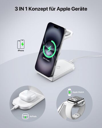 Зарядний стан MagSafe 3 в 1: для Apple Watch, iPhone та AirPods Pro 3/2. Бездротова зарядка для iPhone 16/15/14/13/12 (срібло)