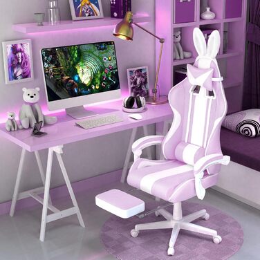 Ergonomic Gaming Chair with Footrest - Racing Style PC Gaming Chair with Headrest, Lumbar Support & Bunny Ears (Violet)