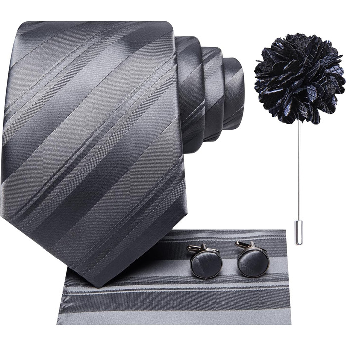 Комплект краваток для чоловіків Hi-Tie: краватка, нагрудна хустинка, кравецькі шпильки, запонки, формальний шовк, для весілля та свят (смугастий темно-сірий)