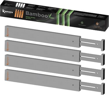 Kamoro Drawer Dividers made of natural bamboo [Set of 4] - With spring for secure hold and furniture-friendly ends - Adjustable drawer organizer between 44 and 56 cm - Grey