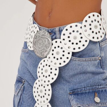 Жіночий шкіряний пояс LIMHOO з вирізами, білий, розмір XL (150 см) в стилі бохо вестерн