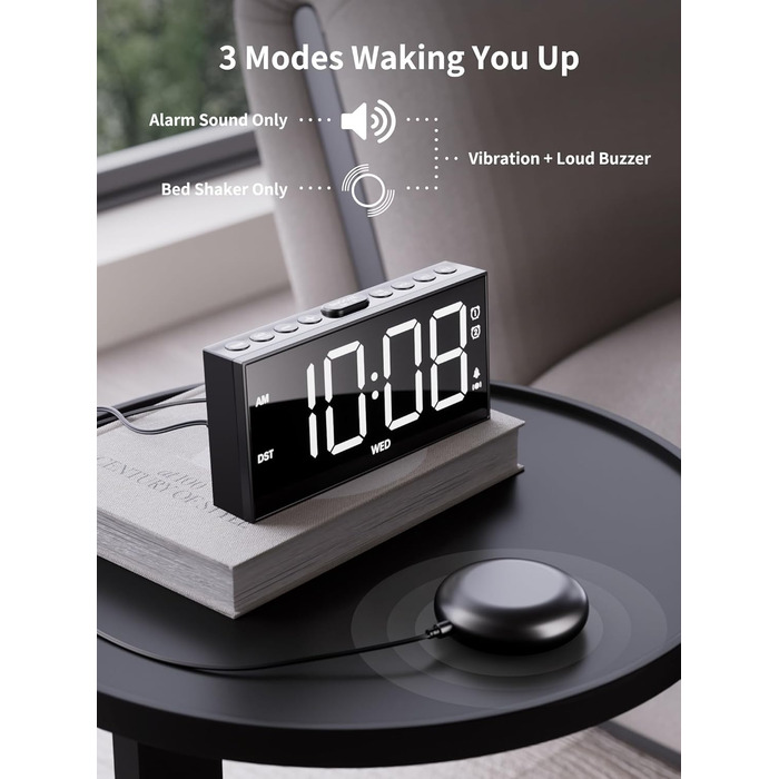 ROCAM Vibration Alarm Clock, Loud Alarm Clock for Deep Sleepers, 7'' Large Display, Bold Font, Digital, Adjustable Brightness, Dual Alarm, Snooze, USB Charger, for Use in the Bedroom (white)