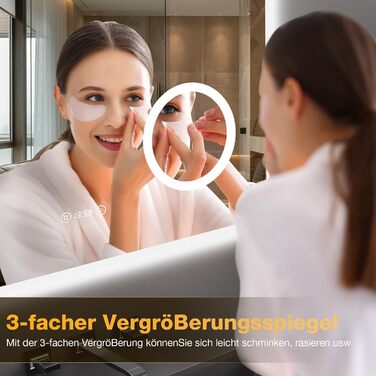 Дзеркало для ванної кімнати з підсвічуванням 80x60 см, 3 кольори, регулювання яскравості, антизапар, 3x збільшення, розетка для бритви, IP44, для горизонтального/вертикального монтажу