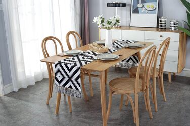 KnBoB Cotton Linen Table Runner Black and White Geometric Puzzle Pattern with Tassels for Dining Room Party Holiday Decoration, Size 32x160CM