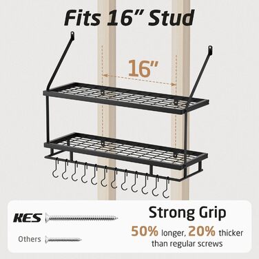KES Double Kitchen Shelf Pan Holder Kitchen Utensil Holder Kitchen Pan Holder with 12 Hooks Hanging Shelf Pot Wall Shelf 75CM Wall Mounting Matt Black, KUR215S75B-BK
