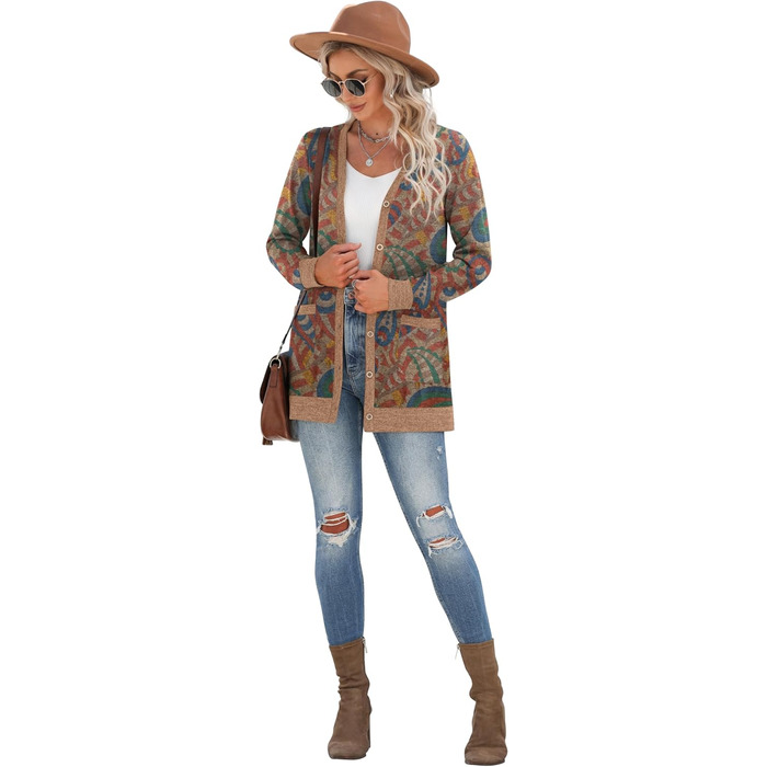 Жіночий в'язаний кардиган Grecerelle з довгими рукавами, V-подібний виріз, з кишенями та ґудзиками, м'який, довгий, стильний, з візерунком пава, червоний (S)