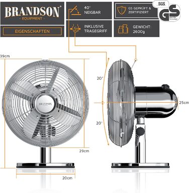 Настільний вентилятор Brandson з мідним дизайном: 3 швидкості, осциляція 80°, нахил 40°, металевий корпус