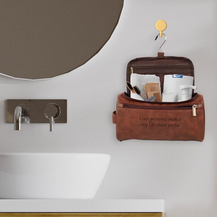 Чоловіча дорожня косметичка Easycosy з лазерним гравіюванням імені, з натуральної шкіри, набір 2в1 (косметичка + гачок для підвішування), ідеальний подарунок для чоловіків, тата, дідуся, колеги, червоно-коричневого кольору