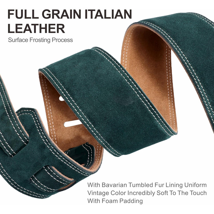 Гітарний ремінь Nefelibata з повного зерна шкіри, 2,5 см, з підкладкою з піни та петлею для кабелю, для акустичної, бас та електрогітари (темно-зелений)