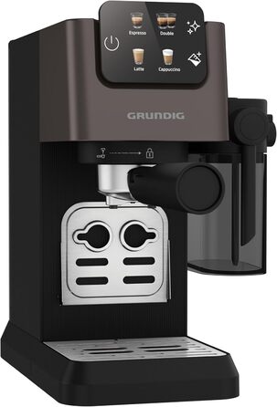 GRUNDIG KSM 5330 Espresso Machine with Integrated Milk Container, 1628 W Power, 15 bar Pump Pressure, Dual Nozzle, Color Touch Display, BrewSense, CreamyPro, Dark Inox/Black. With Milk Container