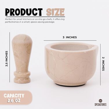 Набір мармурового ступки та пестика, 7,6 см, ручної роботи, для спецій, кухні та декору, подрібнювач для трав, млин для спецій (Verona, Small)