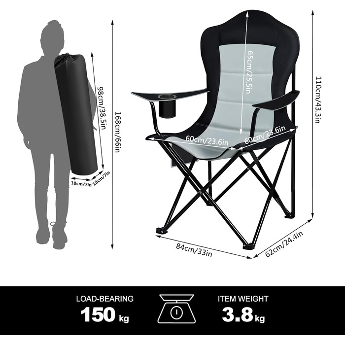 WOLTU Набір складаних стільців для кемпінгу 2 шт., чорний + світло-сірий, для риболовлі, саду, тераси, пікніка
