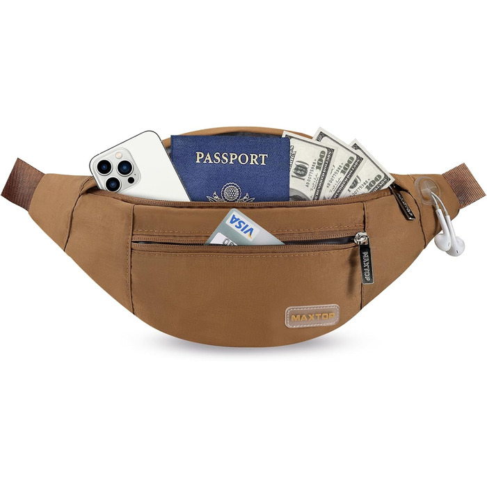 Поясна сумка Maxtop для чоловіків та жінок, чорна, водонепроникна, з 4 кишенями на блискавці, для спорту, подорожей, кемпінгу, велосипеду