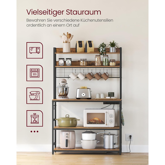 Стелаж кухонний VASAGLE з розетками, для мікрохвильової печі, з решіткою, 14 гачків, антрацит-чорний (40 x 100 x 170 см, Вінтаж-коричневий + Чорний)