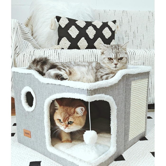 Spindro Cat Cave Cat Bed Large, Cat House Indoor Cat Sleeping Place with Removable Sherpa Cat Cushion and Hanging Toy, Cat Bed, Light Grey 42x42x33cm