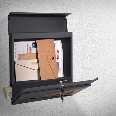 Поштовий ящик ML-Design 37x36,5x11 см антрацит/під дерево, сталевий, з газетницею, замок на 2 ключі, сучасний настінний дизайн