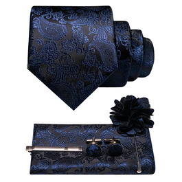 Набір краваток JEMYGINS для чоловіків: краватка з візерунком пава, нагрудна хустинка, краватозатискач, брош та манжетні кнопки (темно-синій)