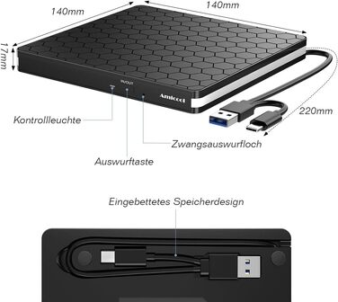 Зовнішній DVD-накопичувач Amicool USB 3.0 та Type-C, портативний CD/DVD +/-RW привід для ноутбука, ПК та MacBook (Windows, macOS, Linux)