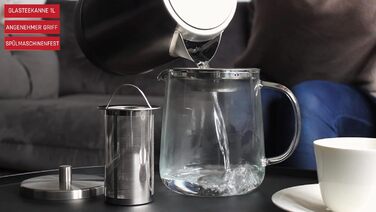 TEA BASE Glass Teapot 1L, Handcrafted Glass Teapot, Borosilicate Heat-Resistant, Removable Long Stainless Steel Infuser, High-Quality Lid, 3-Piece Set, for Loose Leaf Tea, for 4-8 Cups