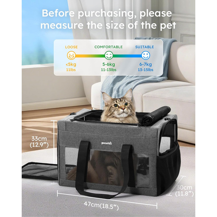 Транспортна сумка для котів Pecute Katzentasche - переноска для котів та маленьких собак, 47 x 33 x 30 см, сіра
