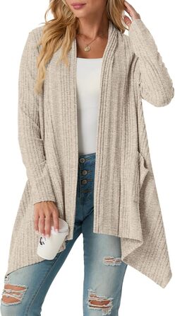 Жакет GRECERELLE з довгими рукавами, легкий в'язаний кардиган з кишенями, м'який, з асиметричним кроєм (S, Бежевий)